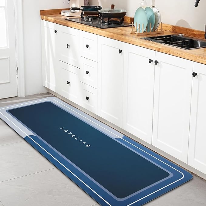 Bath mat Rubber Bathroom Mat-Quick Dry Absorbent Rug Non-Slip Thin Bathroom Rug Instant Dry Magic Bath mats for Bathroom Floor Mat in Front of Bathtub, Sink, Blue, 17x47in