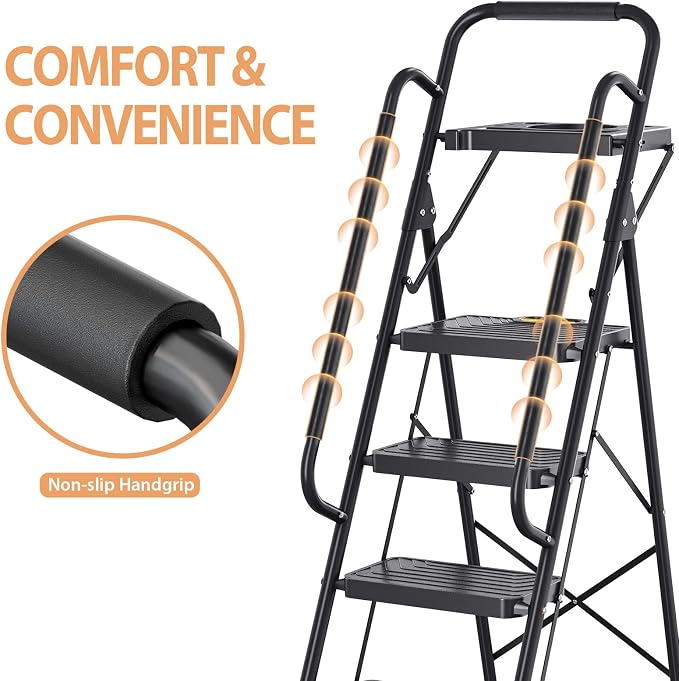 TOOLF Step Ladder, Sturdy Steel Step Stool with Anti-Slip Wide Pedals, Handrail, Safe-Lock Design, Folding Portable Ladder for Multi-Purpose, Home, Kitchen (5 Step Ladder)