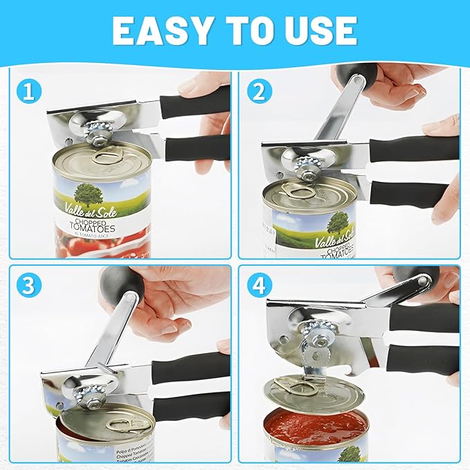 Commercial Can Opener,Stainless Steel Heavy Duty Hand Crank Manual Can Openers with Comfortable Extra-long Handles,Ergonomic Design,Black