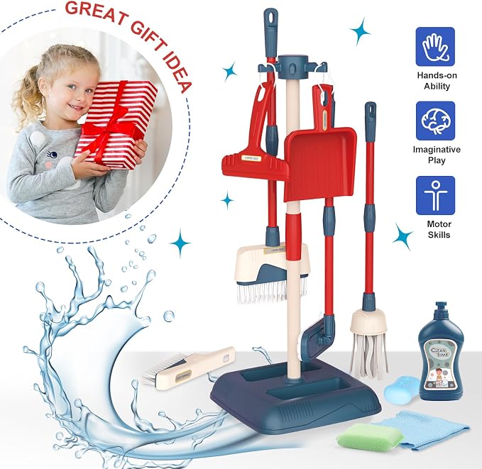 Toddler Cleaning Set, 12PCS Detachable Kids Broom and Dustpan Set Includes Mop, Brush, Scraper, Handcart, Bucket and More, Pretend Play Housekeeping Kit, Birthday Gift for Boys Girls Aged 3+