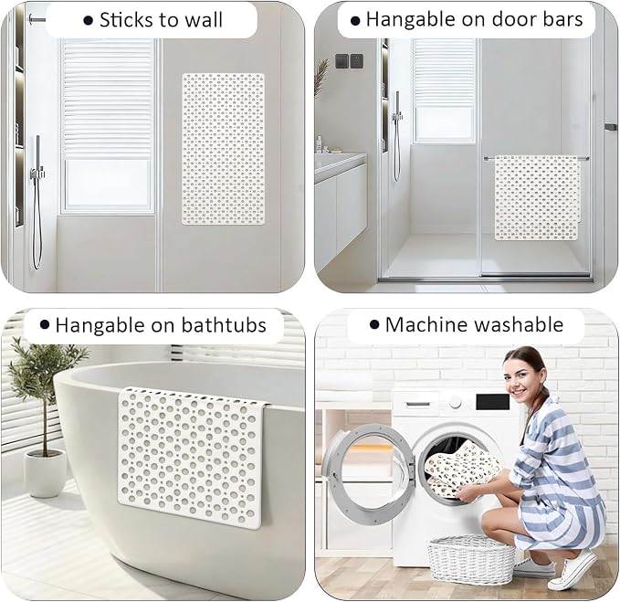Tiamo TPE Bath Tub Mat Non Slip,35x16 inch Large Anti Slip Shower Mat for Inside Shower,Quick-Drying & Machine Washable Safety Bathtub Mat for Elderly Seniors,Suction Cups for Bathroom Floor,White
