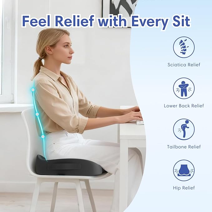 Large Memory Foam Seat Cushion for Office Chair, Car, Truck & Wheelchair - Sciatica Ease, Coccyx & Tailbone Pain Relief Cushion for Long Sitting & Driving