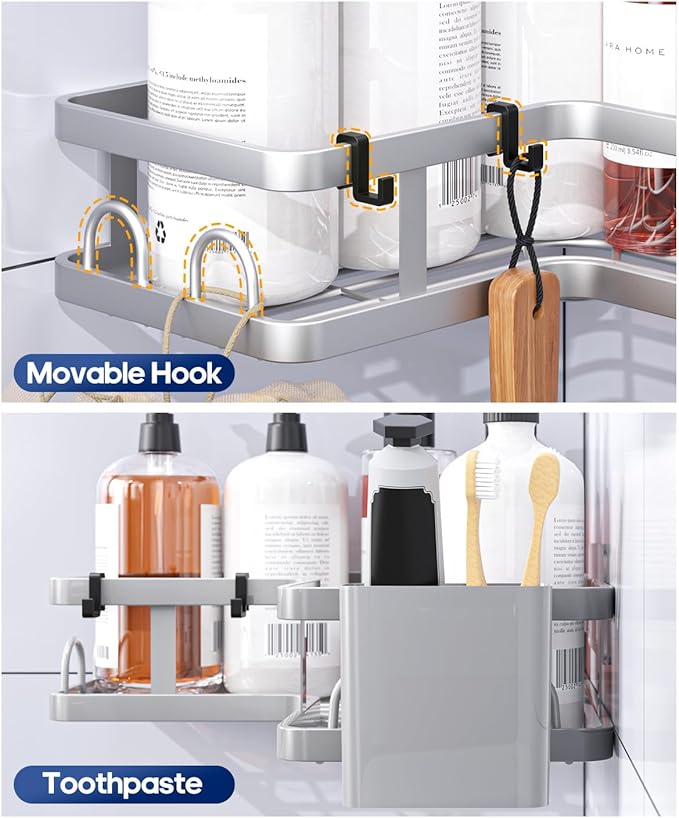3 Pack Corner Shower Caddy Organizer, Rustproof Corner Shower Shelves, No Drilling Bathroom Corner Shelf with Hooks and Toothpaste Holder