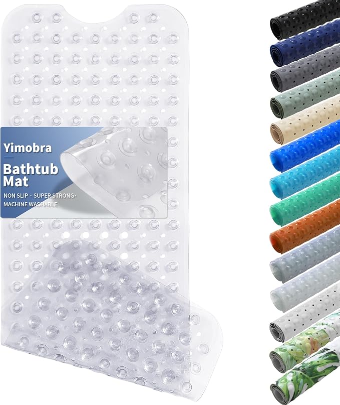 Yimobra Non Slip Bathtub Mat 40 x 16 Inch, Extra Long Shower Mat with Drain Holes, Machine Washable Baby Bath Mats, Strong Suction Cups for Bathroom Floor, Clear