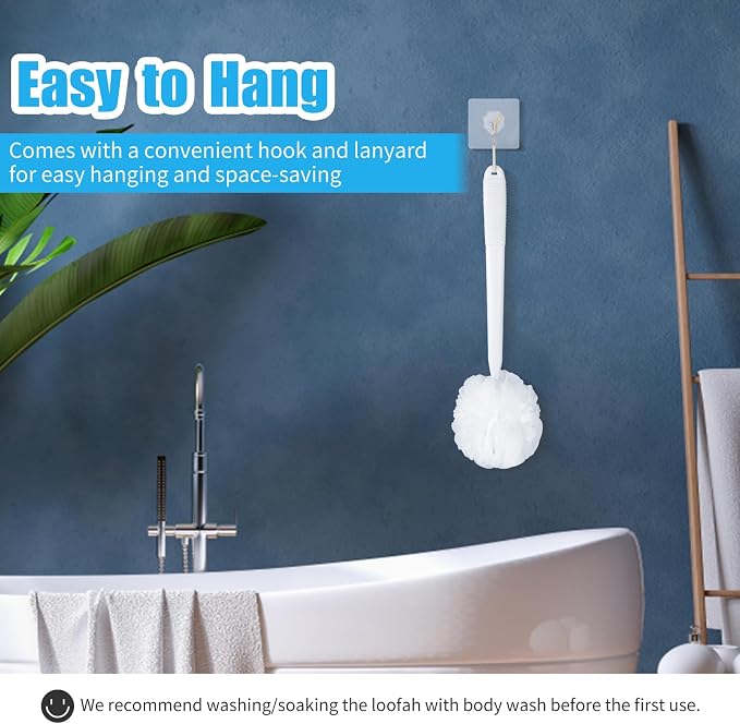 VANZAVANZU Loofah Sponge Set Back Scrubber for Shower, Anti-Slip Plastic 17" Handle Loofah on a Stick with Fluffy Shower Sponge, PE Soft Mesh Shower Loofahs-White