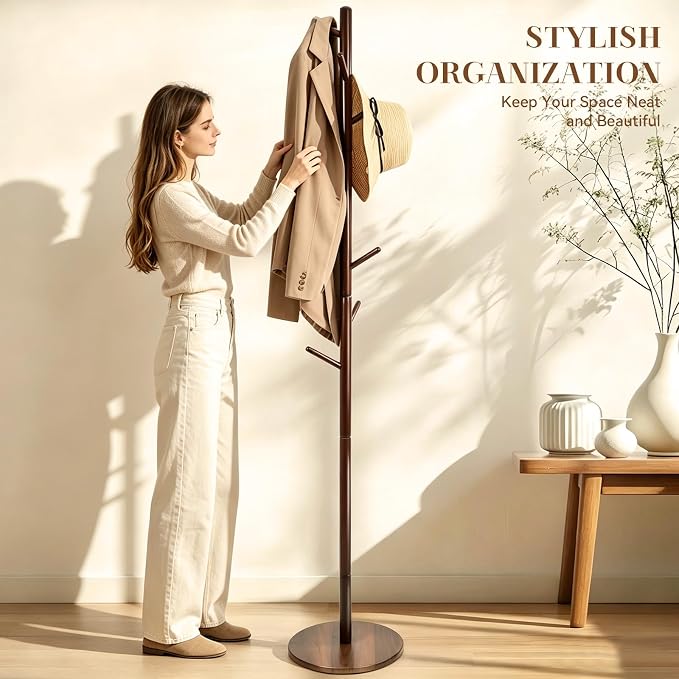 Wooden Coat Rack Freestanding, Corner Bag Purse Coat Hat Rack Tree Hanger Stand Holder Wood Modern Entryway Office Decor Furniture for Small Spaces Standing Heavy Duty Clothes Clothing Rack Hall Tree