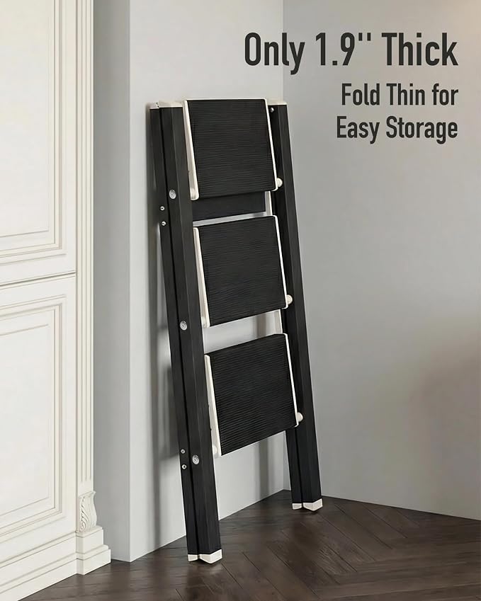 Mayi Plus 3 Step Ladder,Aluminum Folding Step Stool for Adults,Step Ladder with Wide Anti-Slip Pedal,330 lbs Capacity for Home,Kitchen,Library,Office(Ebony Woodgrain)