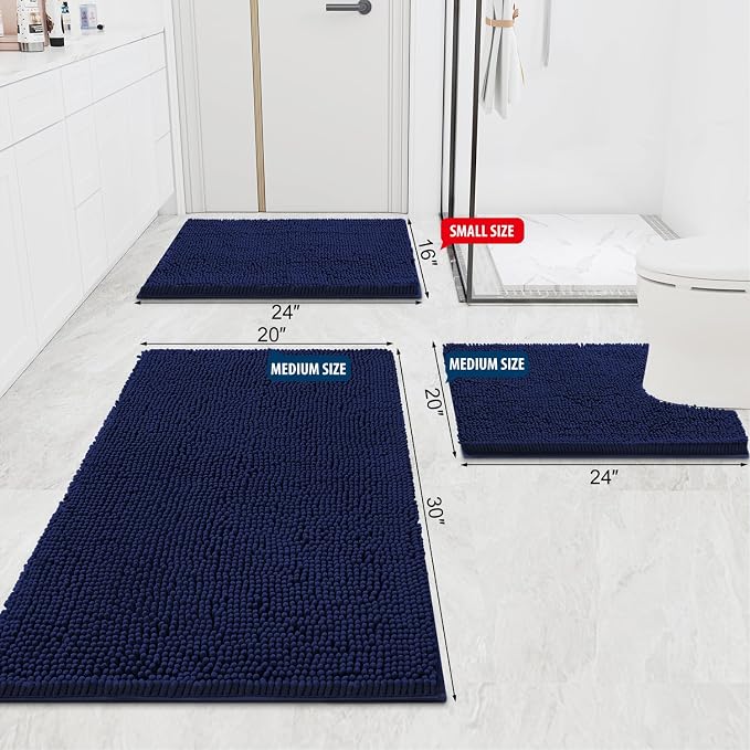 Smiry Luxury Chenille Bathroom Rugs 47x17, Extra Soft and Absorbent Shaggy Bath Mat, Machine Washable, Non-Slip Plush Carpet Runner for Tub, Shower, and Floor, Home Decor Accessories, Navy Blue