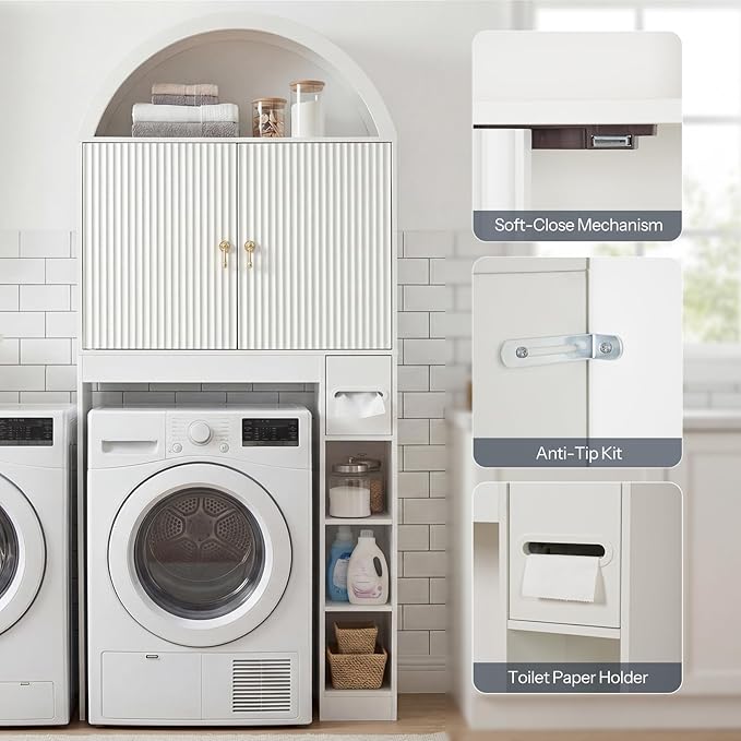 HOOBRO Over the Toilet Storage Cabinet, 67.7'' Tall Bathroom Organizer with Wave Doors, Arched Design with Adjustable Shelf, Toilet Paper Holder, Freestanding Cabinet for Narrow Space, White WT26TS01