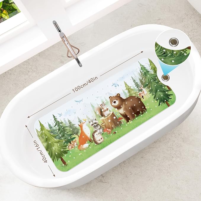 SHUCHING Woodland Animal Bath Mat for Tub Non Slip-40 X 16 Inch, Bathtub Mat Non Slip for Baby Kids, Long Toddler Shower Mat for Bathroom
