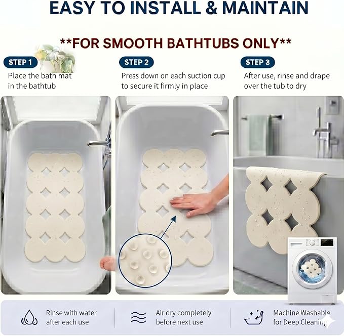 Webos Patented Non Slip Bathtub Mat Shower Bath Mats with Strong Suction Cups Soft Heavy Duty Natural Rubber Superior Grip&Drainage for Inside The tub (Beige, 28x16 inch)