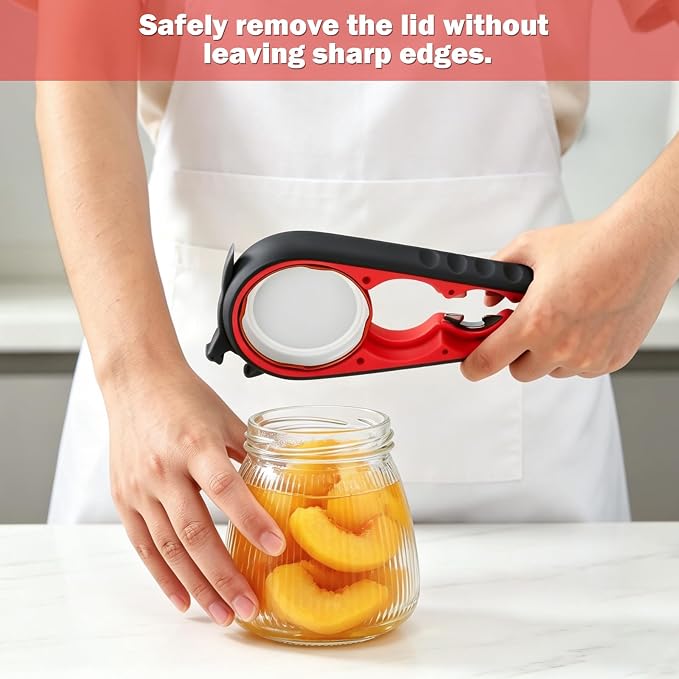 Jar Opener Set - 6-in-1 Adjustable Jar Opener Can Opener, 4-in-1 Bottle Opener Lid Opener & Rubber Jar Gripper, Multifunctional Kitchen Gadget for Seniors, Arthritis, Weak Hands (Red&Black)