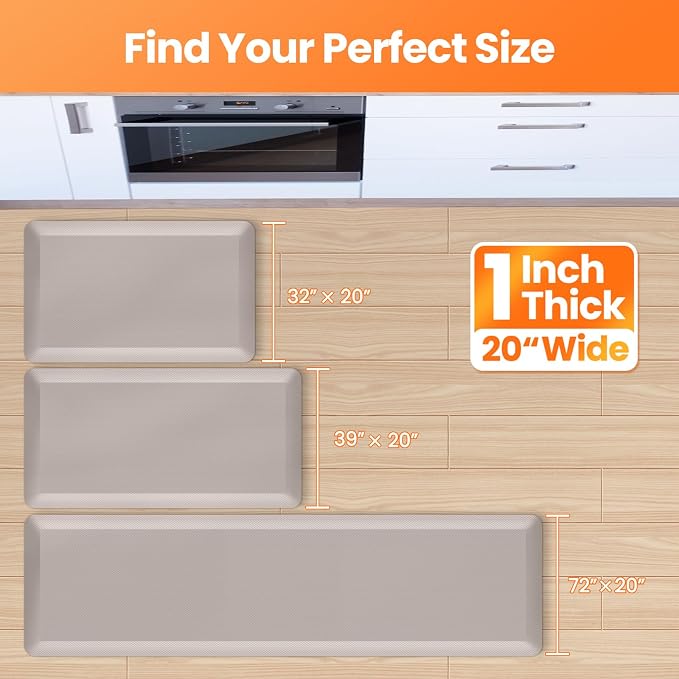 Kitchen Mats for Floor, 1 Inch Extra-Thick Kitchen Rugs, Non-Slip & Waterproof Standing Desk Mat, Comfort Anti Fatigue Mats for Kitchen Floor, Home, Sink, Office (20" X 32", Khaki)