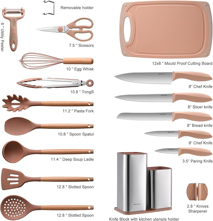 RAXCO Utensil Sets,18-Piece Silicone Cooking Utensils and Knife Set,Mousse | Dishwasher-Safe Kitchen Utensils,Large Capacity Countertop Organizer for Knives,Utensils,Cutting Board