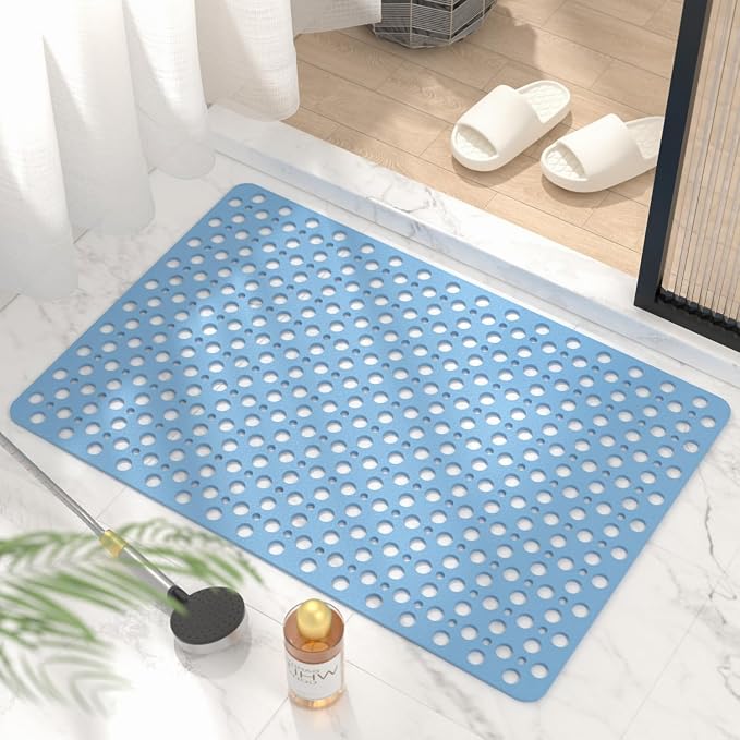 HITSLAM Bathtub Mat Non Slip, 35 x 24 Inch Long TPE Bath Mat for Tub, Efficient Drainage Bathroom Shower Mat with Suction Cups, Bath Tub Mat, Soft on Feet and Easy to Clean, Blue