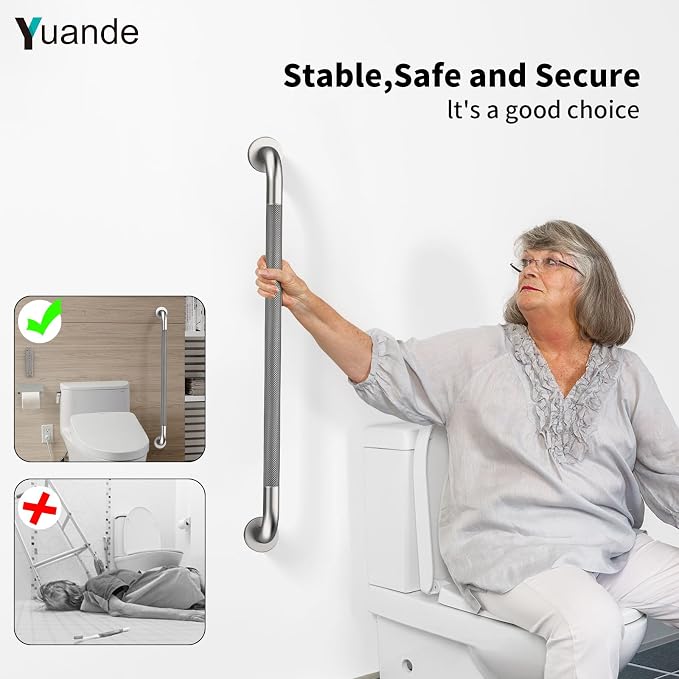 32 Inch Brushed Nickel Shower Grab Bar with Anti-Slip Knurled Grip,YuanDe Stainless Steel Bathroom Grab Bars，Shower Handrail Support, Handicap Elderly Balance Assist Handles