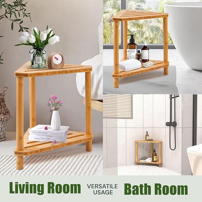 Bamboo Corner Shower Stool,2-Tier Waterproof Shower Stool for Inside Shower Shaving Leg,Small Spaces,Shower Foot Rest with Storage Shelf,Shower Bench,Bath Seat,Corner Nightstand gift for women mom