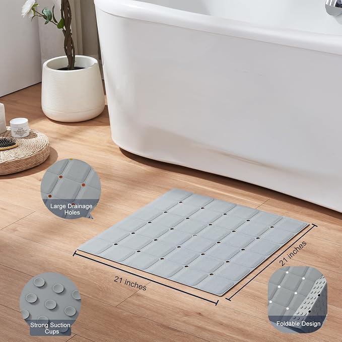 Webos Anti Slip Shower Mat for Tub & Shower Stall, 21" x 21" Square Silicone Bathtub Mat with Powerful Suction Cups, Fast-Draining, Machine Washable Soft Foldable Bathroom Mat, Grey