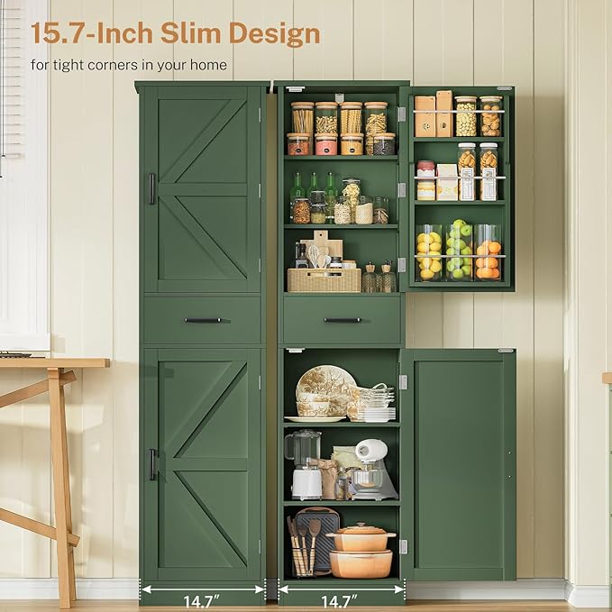 TEENFON Kitchen Pantry Cabinet with 3 Door Shelves & 1 Drawer, Narrow Bathroom Cabinet with Adjustable Shelves, Tall Storage Cabinet for Living Room, Bathroom, Entryway, Green