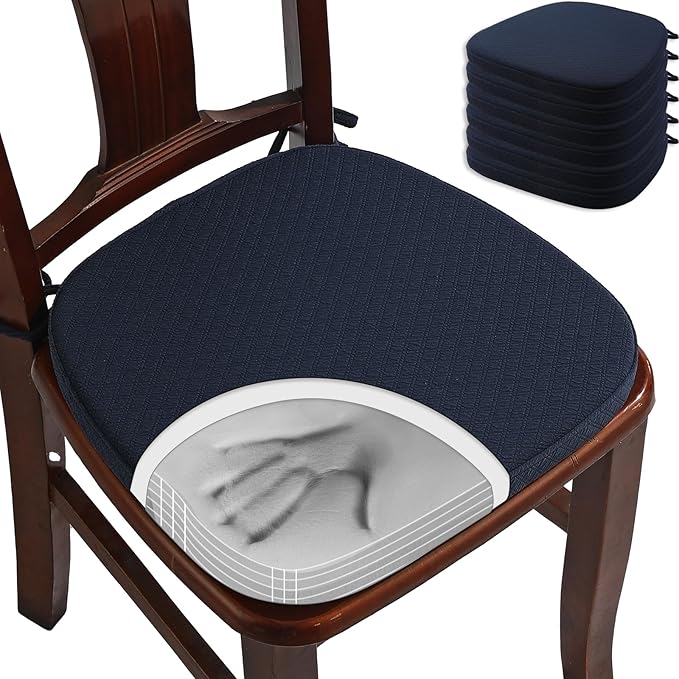 BUYUE Luxury Memory Foam Chair Cushions 6 Pack, Jacquard 16" U-Shape Comfortable Dining Chair Pads, Removable Slip Resistant Kitchen Chair Seat Cushions (Set of 6, Navy Blue)