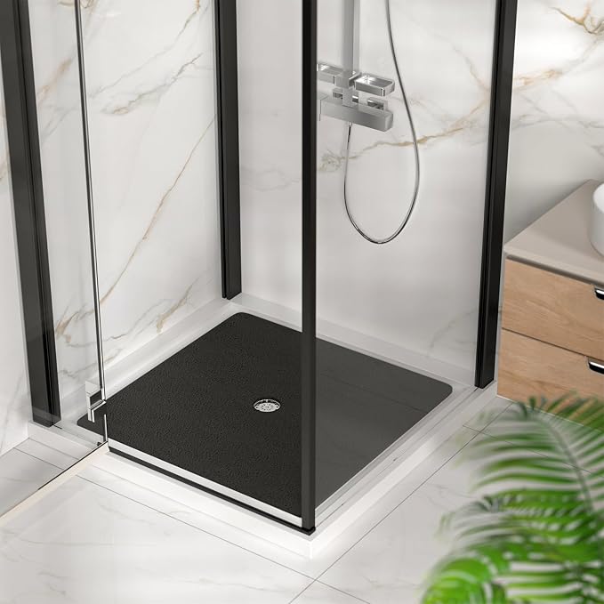 HITSLAM Square Shower Mat, 36 x 36 Inch Non Slip Bath Mat for Tub, Soft PVC Loofah Bathtub Mats with Drain Holes, Quick Drying Bathroom Stall Floor Mat, Bathroom Accessories Without Suction Cup, Black
