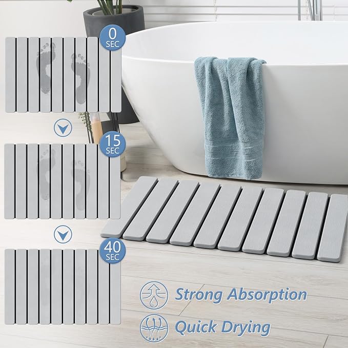 AWW Foldable Stone Bath Mat, Quick Dry Diatomaceous Earth Bath Mat with Non-Slip Mat, Super Absorbent, Easy to Clean, Compact for Small Bathrooms, 23.6 x 15.5, Light Grey