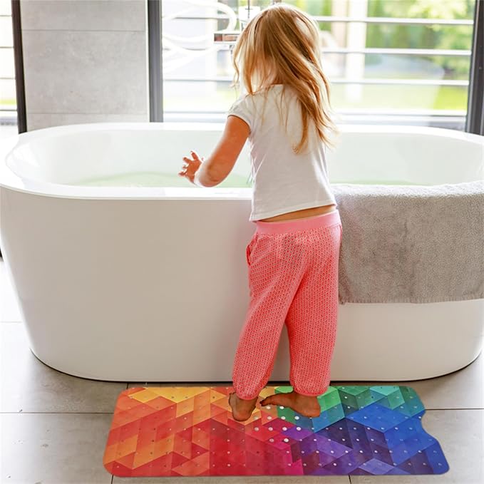 Bathtub Mat Non Slip 40x16 Inch Extra Long Bath Mat, Rainbow Shower Mat Non Slip Bath Mat for Tub Anti Slip with Large Drain Holes and Suction Cups, Modern Art Design Bathroom Mat for Bathroom Decor