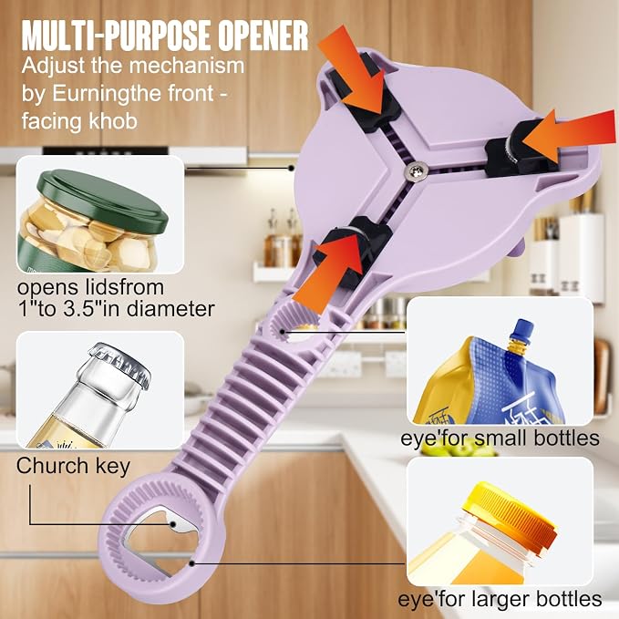 4-in-1 Adjustable Jar Opener for Seniors & Weak Hands - Multifunctional Stainless Steel Can Opener, Bottle Cap Gripper for Arthritis Sufferers - Kitchen Gadgets for Easy Opening（Purple）
