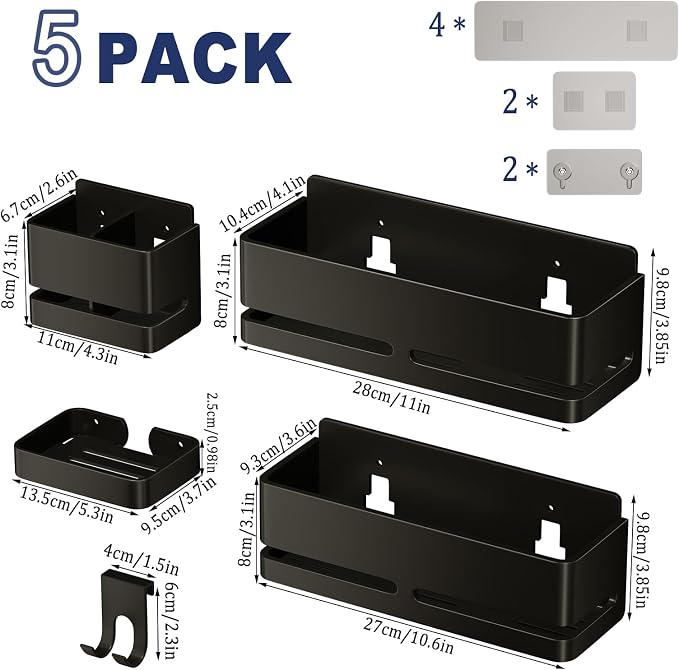 Bathroom Shower Caddy (5-piece Set), wall-Mounted Shelf with soap Dish and Toothbrush Holder, no Drilling Required, Ideal for Bathroom Storage and Also Suitable for Kitchen (Black)