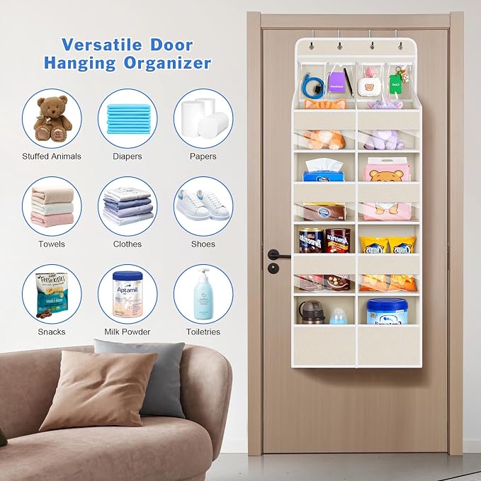 Univivi 5-Shelf Fabric Door Storage Over Door Hanging Organizer with 8 Large Pockets and 4 Small PVC Pockets Closet Cabinet Wall Mount Hanging Storage Organizers for Baby Nursery (Beige Pattern)