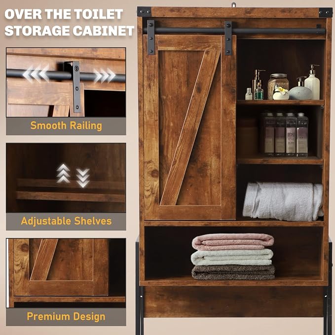 Over The Toilet Storage Cabinet, Behind Toilet Bathroom Organizer with Adjustable Shelves, Above Toilet Organizers with Barn Door, Space Saver for Restroom, Bathroom, Laundry, Brown