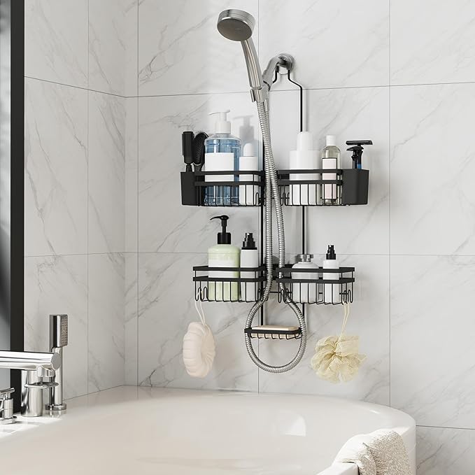Shower Caddy Hanging for Bathroom Organizers and Storage - 3-Tier Adjustable Anti-Swing Shower Organizer Hanging with Heavy-Duty Suction Cups, Damage-Free Rustproof (Black)