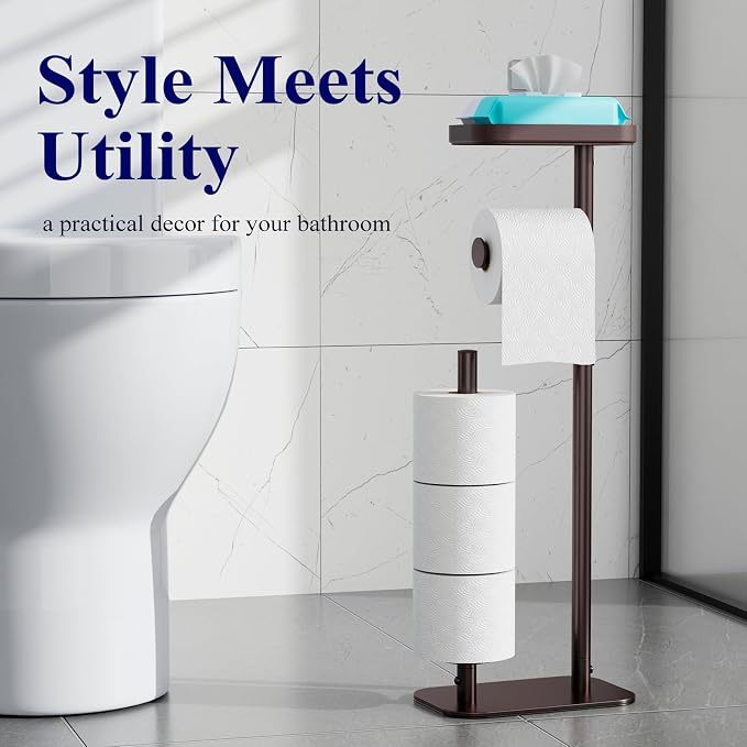 Kitsure Toilet Paper Holder Free Standing – Rustproof Metal Toilet Paper Stand for 4 Rolls with Anti-Slip Base and Shelf for Phone & Small Items, Bathroom Organizers and Storage, Medium, Brown