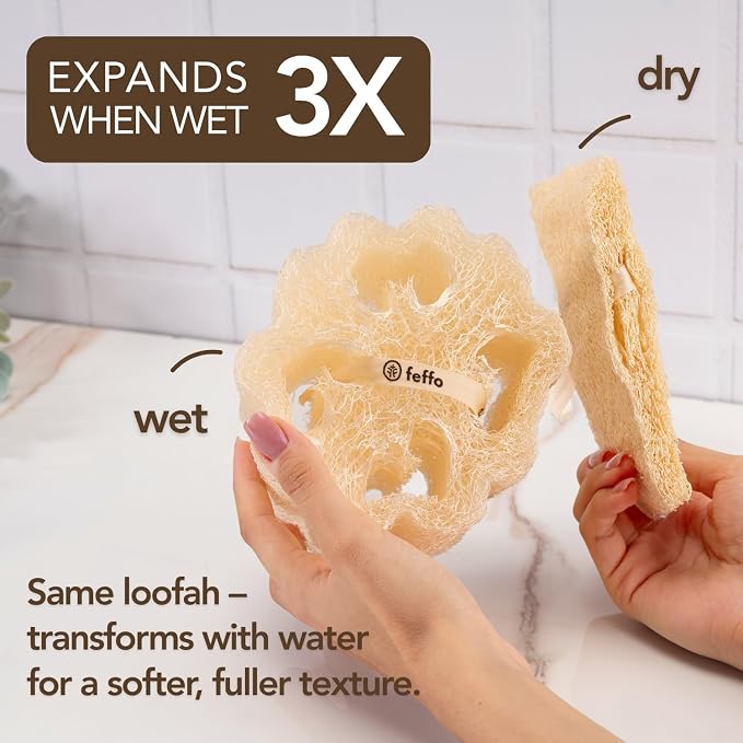 Loofah Sponge for Body Scrub, Exfoliating Body Scrubber & Loofah with Handle, Exfoliating Pads, Loofah for Women, Men & Kids (2 Count,1 Pack, Natural Cut)
