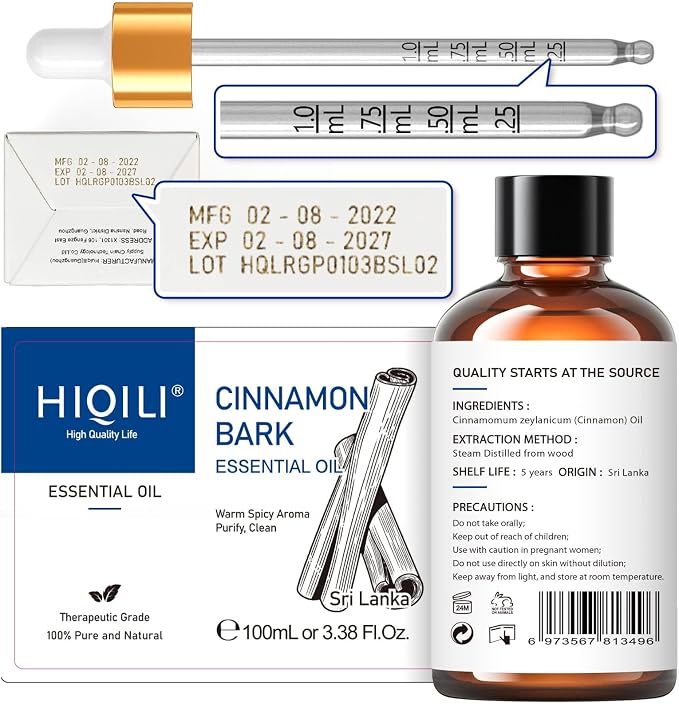 HIQILI Cinnamon Essential Oil for Spary, Diffuser, Garden and Kitchen - 100% Pure Natural - Indoor and Outdoor, 3.38 Fl Oz