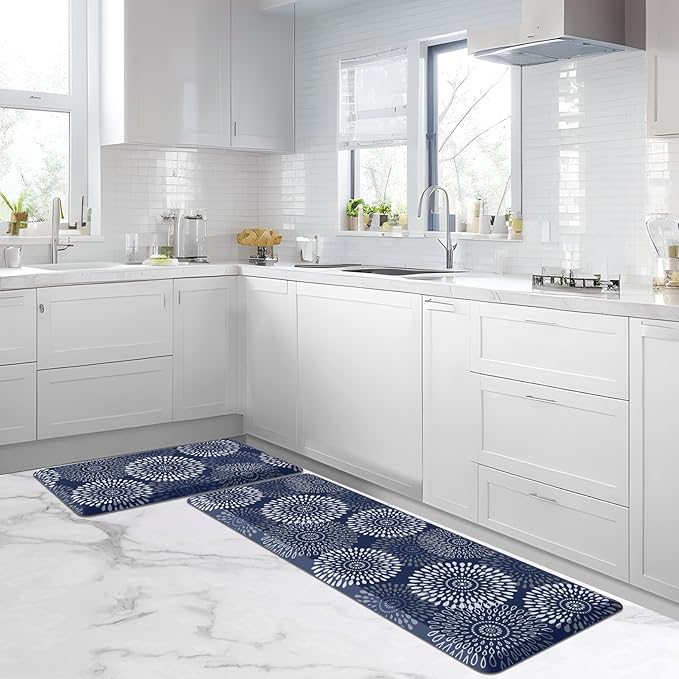 LuxStep Kitchen Mats for Floor,0.47 inch Thicker Cushioned Rug Anti-Fatigue Mats for Kitchen Decor Accessories,Waterproof Non-Slip Mats and Rugs Set for Office,Laundry 17.3"×29"+17.3"×47",Blue
