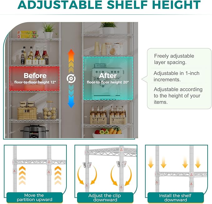 SINGAYE Shelf Wire Shelving Adjustable Storage Shelves Rack Standing Units for Kitchen Closet Laundry Bathroom Organizers Metal Pantry Narrow Mesh Gaps 14" D x 24" W x 72" H White