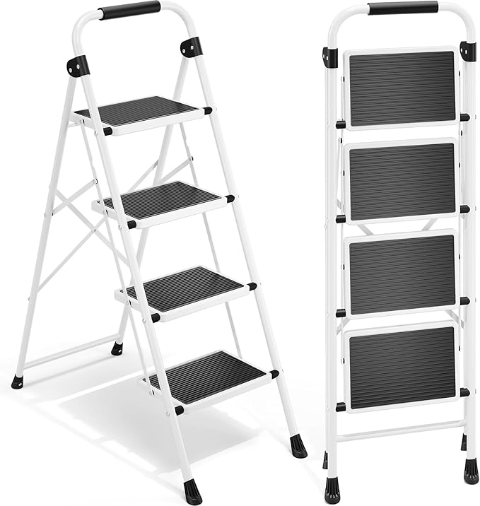 Urackify Step Ladder, 4 Step Ladder with Anti-Slip and Wide Pedal, Portable Foldable Step Stool with Handgrip, Sturdy Step Ladder for Home Kitchen Household, White