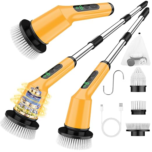 Electric Spin Scrubber for Cleaning Bathroom, Shower Scrubber Cordless Cleaning Brush with IPX7 Waterproof & 2 Speed, 3 Floor Machine Pads, Bathroom Cleaning Supplies for Shower Tub Yellow