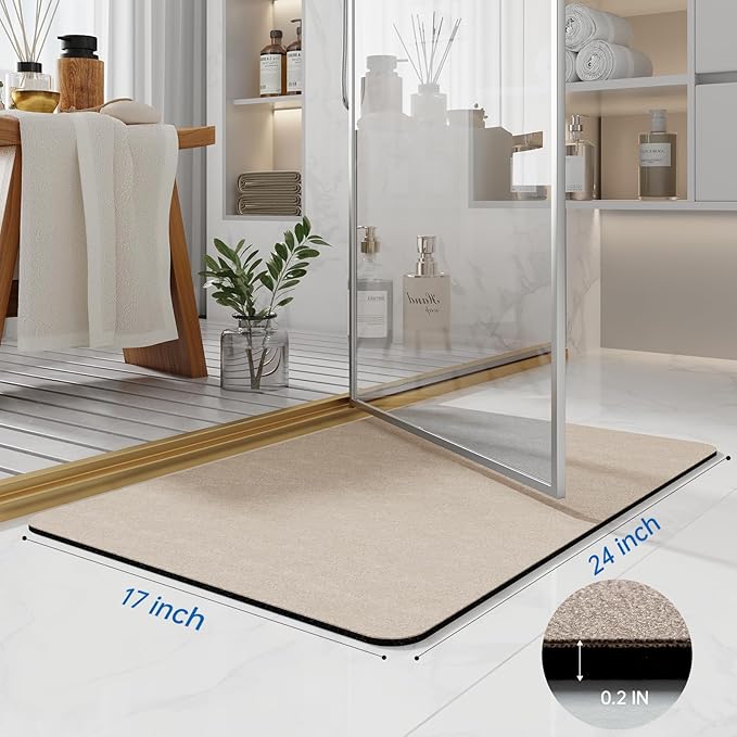 Bath Mat 24x17 - Diatomaceous Earth Bath Mat Quick Dry Absorbing Bathroom Rugs Rubber Non Slip Thin Bathroom Mat Fit Under Door, Taupe