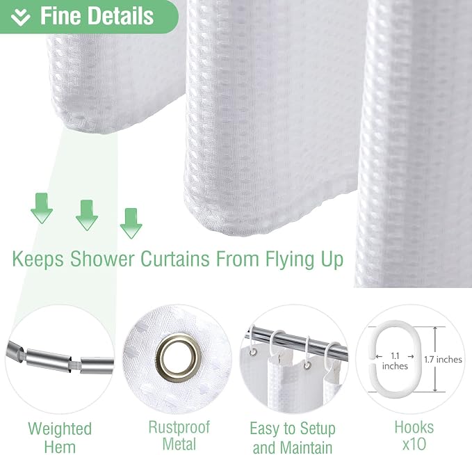 Dynamene Stall Fabric Shower Curtain - 54x78 inch Long Waffle Weave Weighted Thick Cloth Shower Curtains for Bathroom,Neutral Heavy Duty Hotel Spa Luxury Bath Curtain Set with 10 Plastic Hooks, White