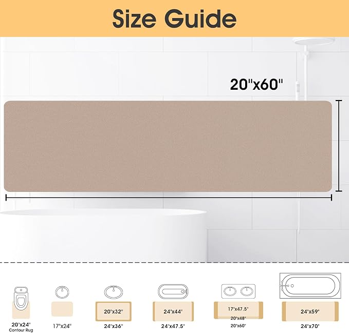 ACCUMTEK Non Slip Bath Mat, Thin Bathroom Rugs Fit Under Door, Quick Dry Bath Mats, Machine Washable Bath Rugs for Bathroom, Bathtub & Kitchen, Bathtub & Kitchen, Taupe/Solid/59 x20
