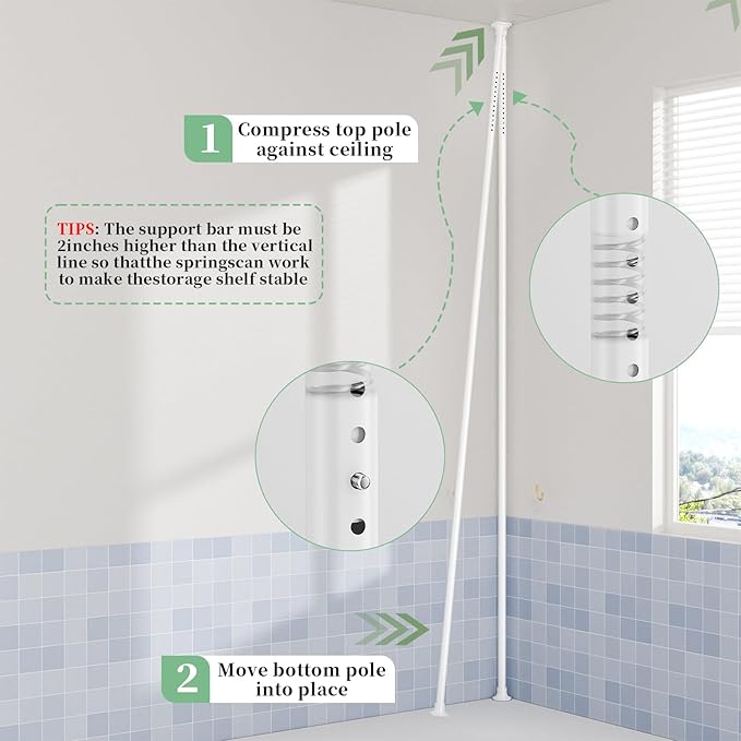 akinbas Tension Pole Shower Caddy Organizer with 4 Tier L-Shaped Rust Resistant Bathroom Corner Shelves with 34-124 Inch Adjustable No Drilling Quick Install Shower Rack for Bath Essentials (White)