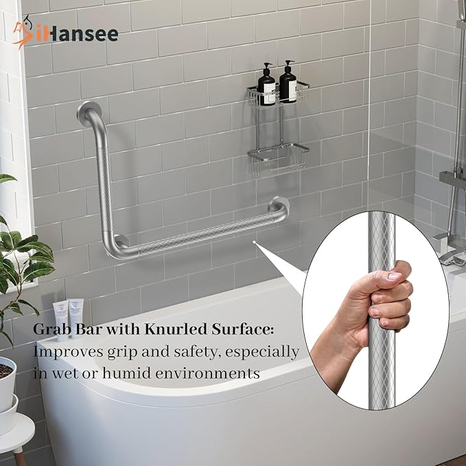 Brushed Nickel Angled Grab Bar 16x24 Inch, iHansee Bathroom Safety Bar w/Anti-Slip Knurled Grip, Wall Mount L Shaped Shower Handle for Elderly Senior Handicap, Toilet Bathtub Balance Support Bar