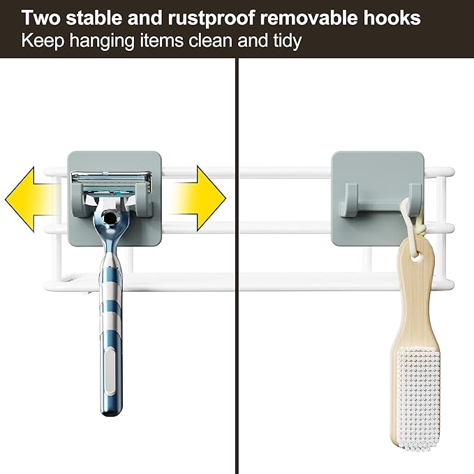 Orimade Adjustable Anti-slip Shower Caddy over Shower Head, Rustproof Bathroom Hanging Shower Organizer with 2 Hooks for Razor, No Drilling Shelves Storage Rack 2 Tier, White