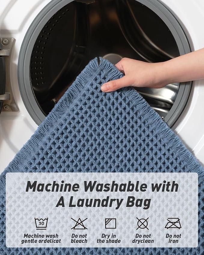 AMOAMI Upgraded Waffle Bath Mat, Super Absorbent Non Slip Bath Mats for Bathroom Floor, Machine Washable Bathroom Rugs with Tassels, Rubber Backed Bathroom Mats, Ultra Soft, 24" x 36", Blue