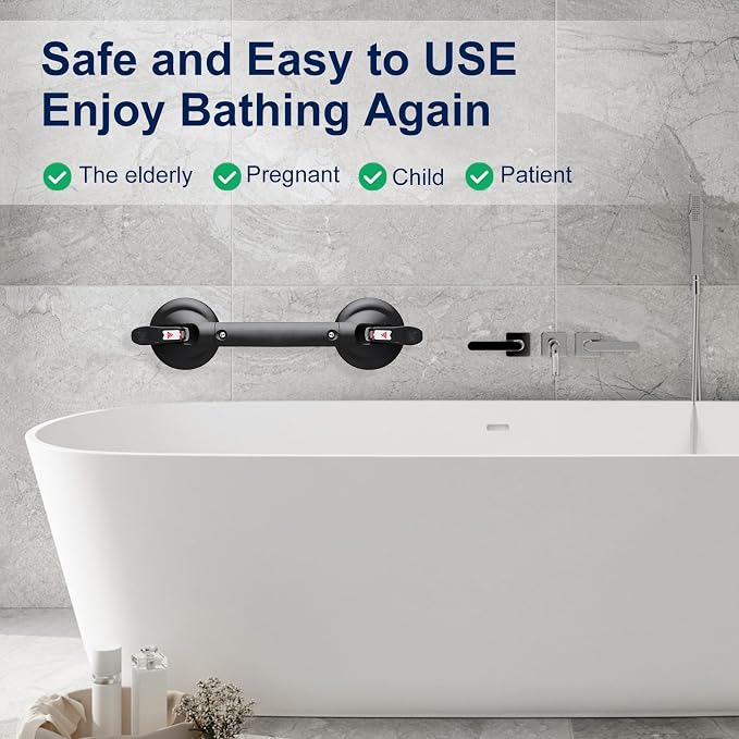 Suction Cup Grab Bars for Bathtubs and Bathroom, Tool Free Shower Handle, Grab Handle for Elderly Suction with Indicators, Shower Grab Bar for Seniors,Black