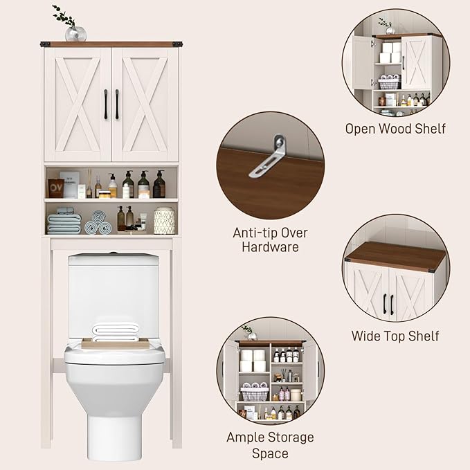 Vabches Over The Toilet Storage Cabinet, Bathroom Organizer with 2 Barn Doors, Farmhouse Space-Saving Toilet Rack with Adjustable Shelf,for Bathroom, Toilet, Laundry Room