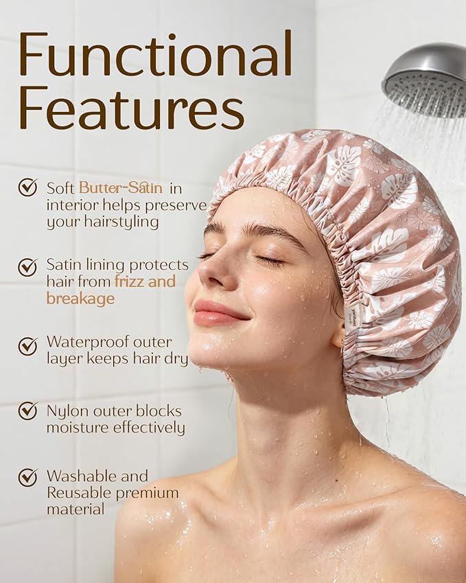 Yanibest Satin Lined Shower Cap for Women Reusable Waterproof, Frizz Free & Large Bath Cap with Soft Elastic Band, Luxury Hair Protection Caps (Pink Leaves)