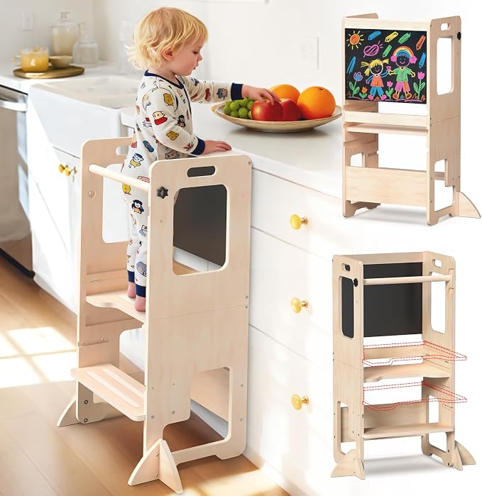 Toddler Kitchen Step Stool, Adjustable Height Learning Standing Tower with Blackboard, Wooden Kitchen Stool Helper for Kids, 1-3 Year Old Boy Girl Gifts